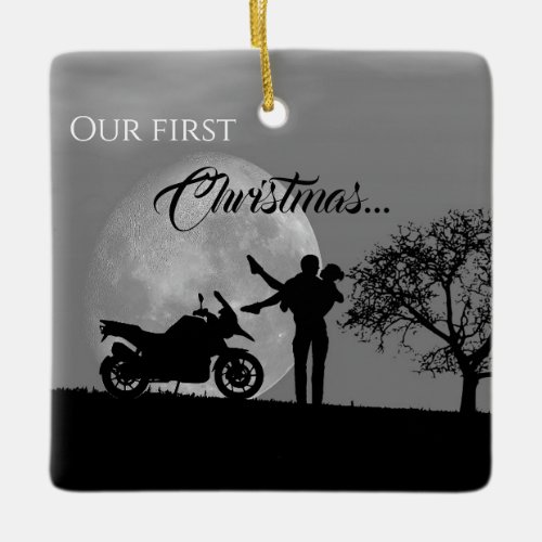 Beautiful Couples First Christmas Motorcycle Love  Ceramic Ornament