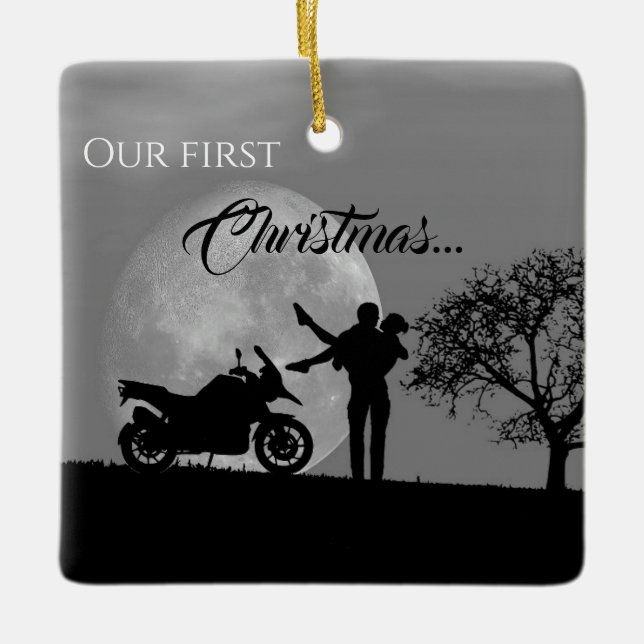 Beautiful Couples First Christmas Motorcycle Love  Ceramic Ornament (Front)