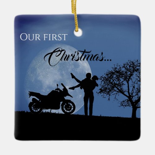 Beautiful Couples First Christmas Motorcycle Love Ceramic Ornament
