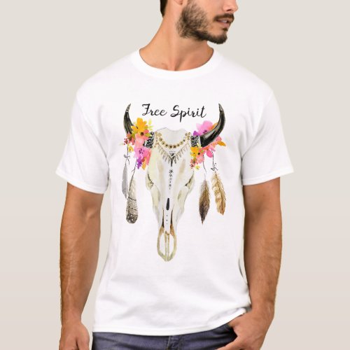 Beautiful Cow Skull Free Spirit With Flowers Boho  T_Shirt