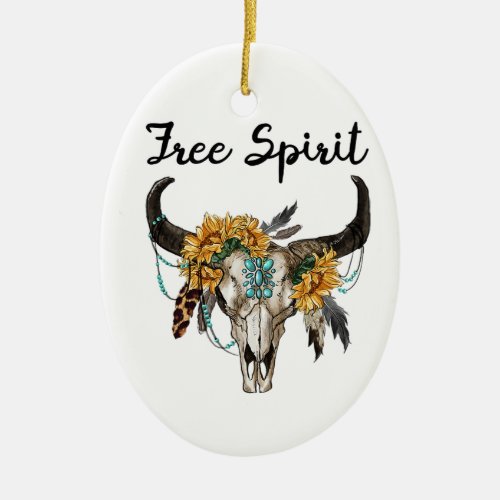 beautiful cow skull free spirit with flowers wome ceramic ornament