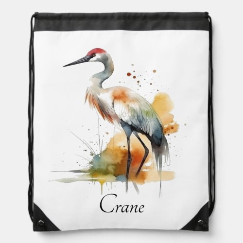 beautiful crane in watercolor drawstring bag