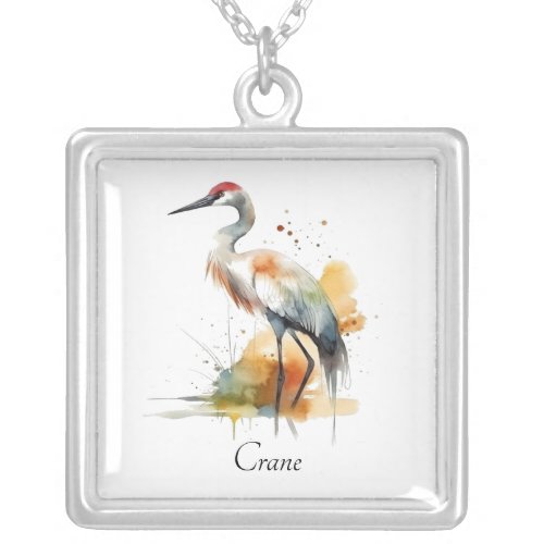 beautiful crane in watercolor silver plated necklace