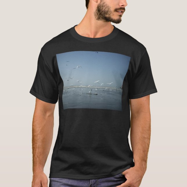 Beautiful Cranes Flying Over Water Nature's Ballet T-Shirt (Front)