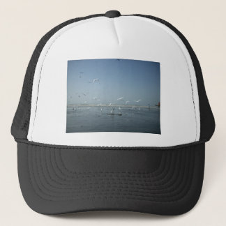 Beautiful Cranes Flying Over Water Nature's Ballet Trucker Hat
