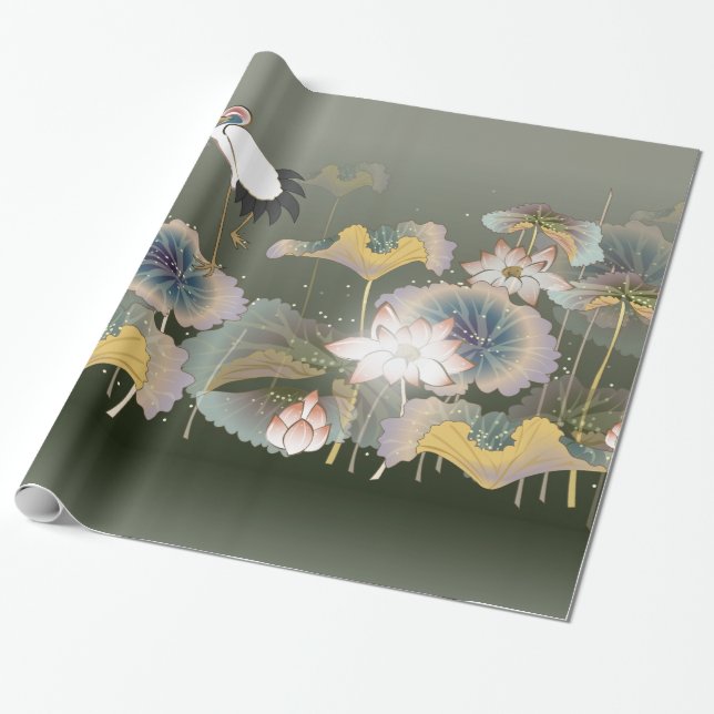 Beautiful Cranes  Lily Pads Wrapping Paper (Unrolled)