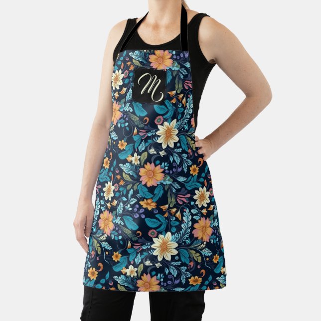 Beautiful Cream, Orange and Blue Floral Apron (Insitu)