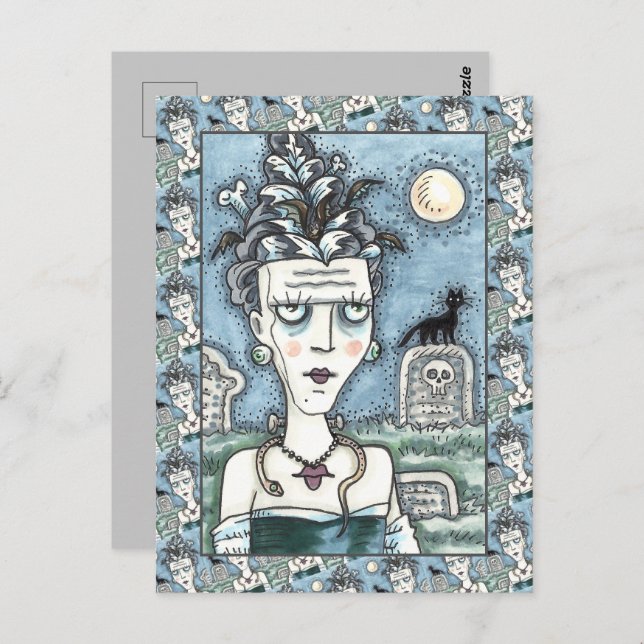 BEAUTIFUL CREEPY FRANKENELLA MONSTER, GRAVES, CAT POSTCARD (Front/Back)