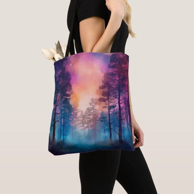 Beautiful & Creepy Rainbow Lit Forest Halloween Tote Bag (Close Up)