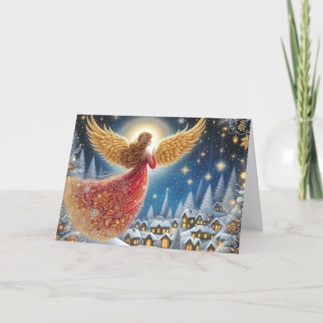 Beautiful Crimson and Gold Angel Christmas Holiday Card (Front)