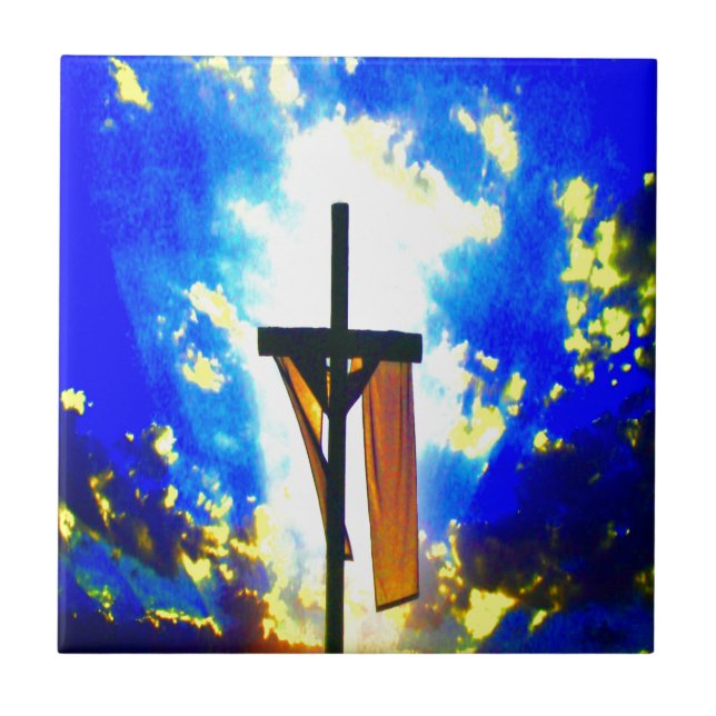 Beautiful Cross Blue and Yellow Sky Ceramic Tile (Front)