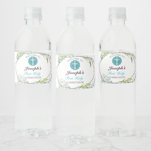 Beautiful Cross Blue Floral First Holy Communion   Water Bottle Label