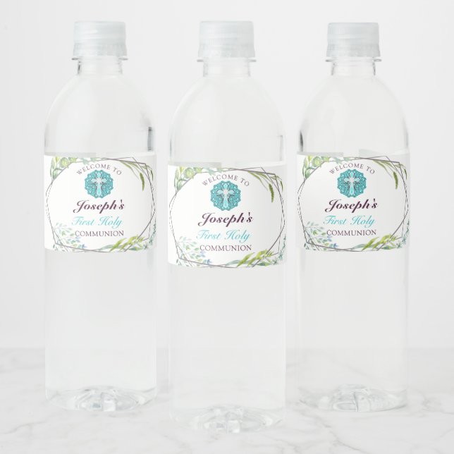 Beautiful Cross Blue Floral First Holy Communion   Water Bottle Label (Bottles)
