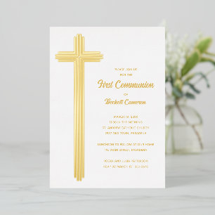 Beautiful Cross First Communion Gold Foil Invitation