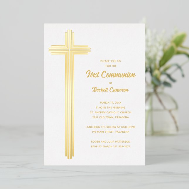 Beautiful Cross First Communion Gold Foil Invitation (Standing Front)