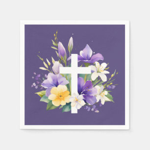 Beautiful Cross Purple Floral Religious Easter Napkins