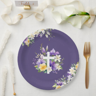 Beautiful Cross Purple Floral Religious Easter Paper Plates