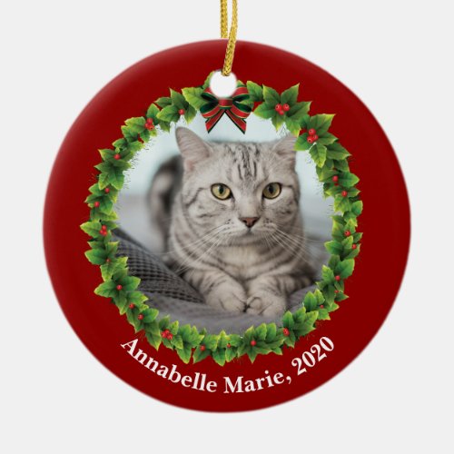 Beautiful Custom Cat Photo Red Wreath Christmas Ceramic Ornament