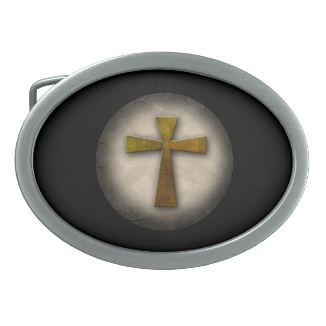 Beautiful Custom Christian Jesus Rustic Cross Oval Belt Buckle (Front)