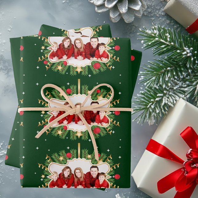 Beautiful Custom Christmas Green Photo Festive Wrapping Paper Sheets (Creator Uploaded)