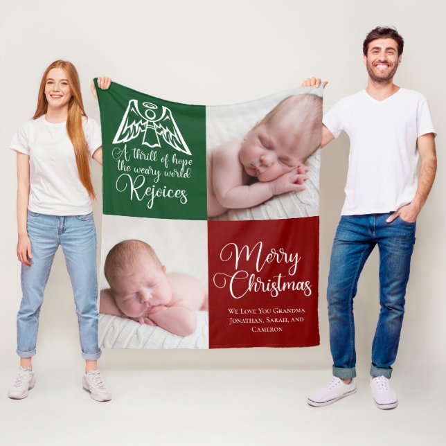 Beautiful Custom Christmas Photo Family Red Green Fleece Blanket (In Situ)