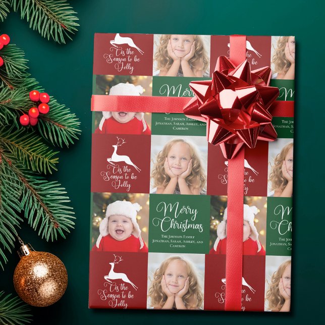 Beautiful Custom Christmas Photo Family Red Green Wrapping Paper (Creator Uploaded)