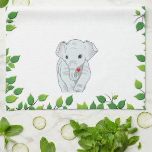 Beautiful Custom Elephant & Green Leaves on White Kitchen Towel