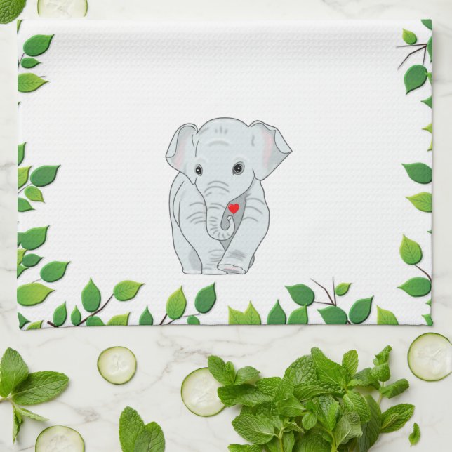 Beautiful Custom Elephant & Green Leaves on White Kitchen Towel (Folded)