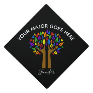 Beautiful Custom Major Rainbow Tree Black Monogram Graduation Cap Topper