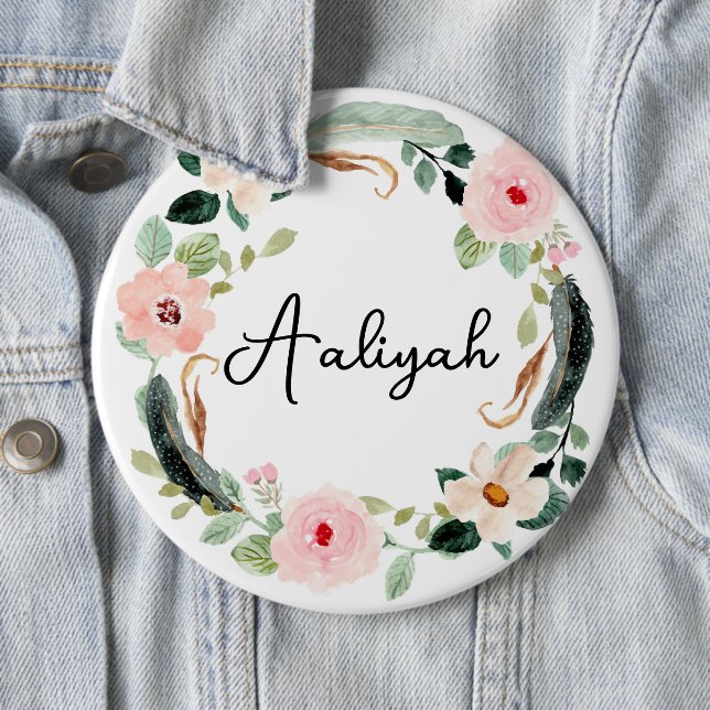 Beautiful Custom Name Monogram Floral Wreath  Button (In Situ)