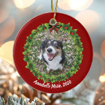 Beautiful Custom Pet Photo Christmas Ceramic Ornament<br><div class="desc">Customize this pretty green Christmas ornament with a cute photograph of your dog or cat for a great family holiday gift. This ornament features a green Christmas wreath with your own custom pet photo for a gorgeous personalized present. Add your own text to commemorate the year of your pooch.</div>