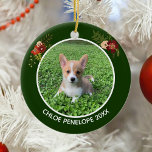 Beautiful Custom Pet Photo Keepsake Christmas Ceramic Ornament<br><div class="desc">This beautiful custom pet photograph ornament features a photograph of your dog or cat and personalized text underneath. Add your own doggy photo for a cute keepsake present. Decorated with pretty floral sprays on either side of the picture. Elegant Christmas flowers complete the picture. Gorgeous green border for the holidays....</div>