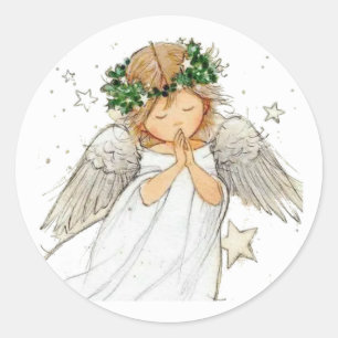 Beautiful Cute Angel Praying Rosary, Classic Round Sticker