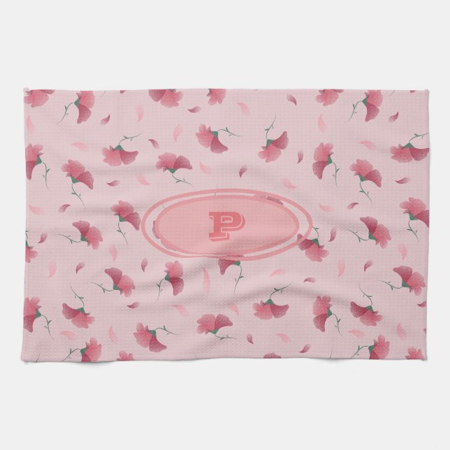 Beautiful & Cute Girly Pink Floral Pattern Initial Kitchen Towel (Horizontal)