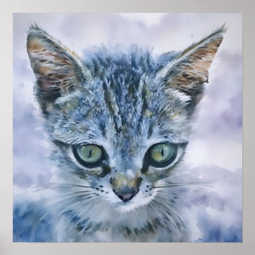 Beautiful Cute Gray Tabby Kitten Watercolor Art Poster