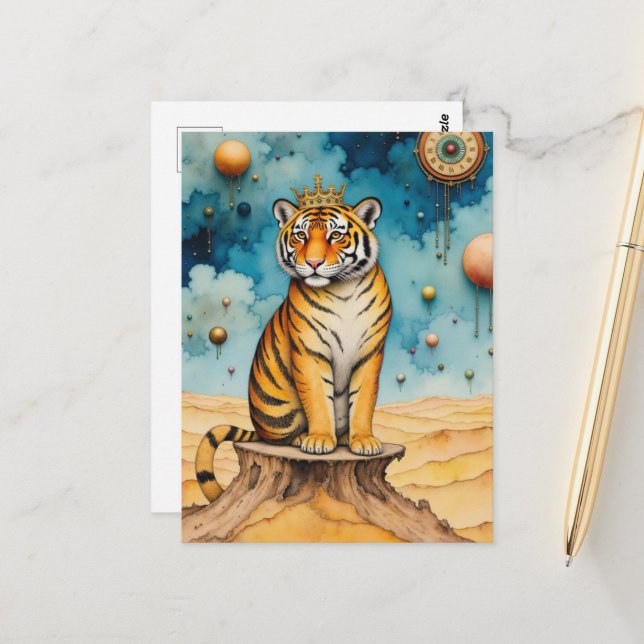 Beautiful Cute Tiger in a Gold Crown Postcard (Front/Back In Situ)