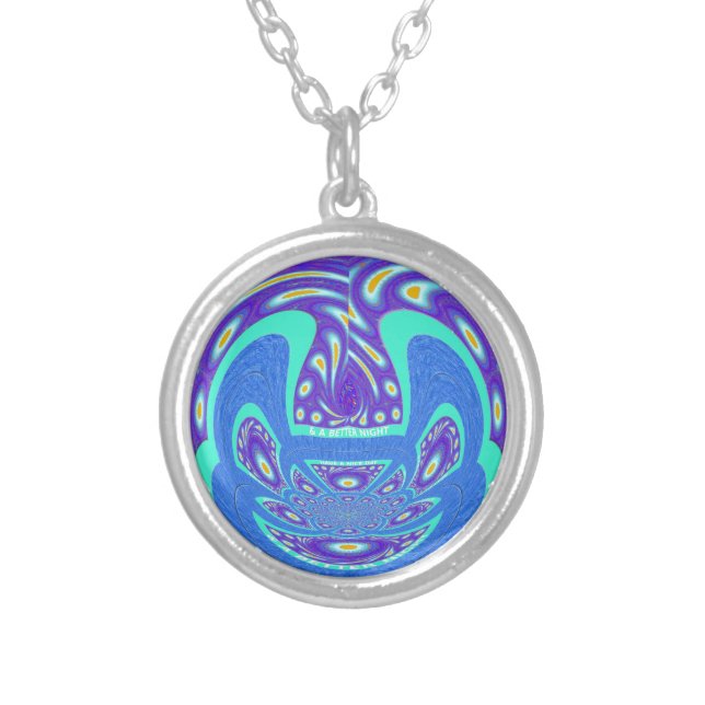 Beautiful cyan blue kaleidoscope vector art design silver plated necklace (Front)