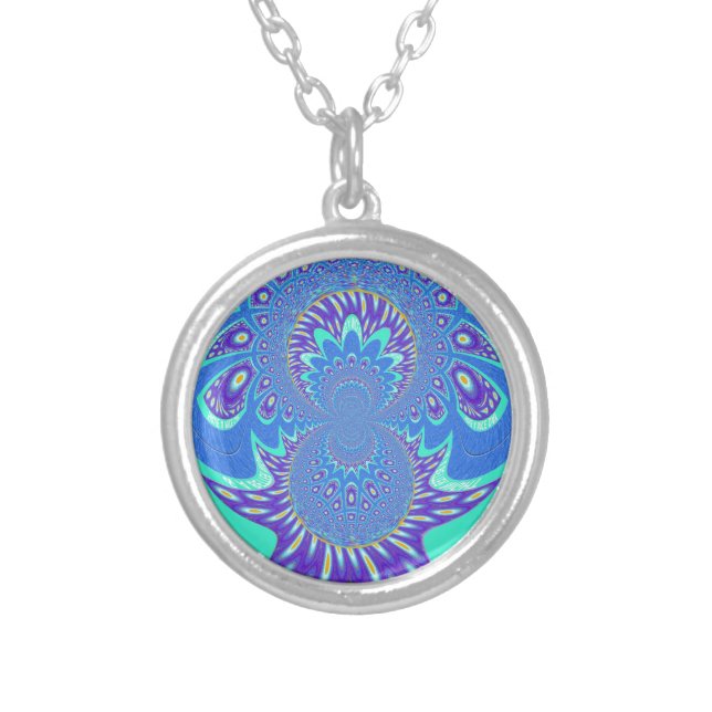 Beautiful cyan blue kaleidoscope vector art design silver plated necklace (Front)