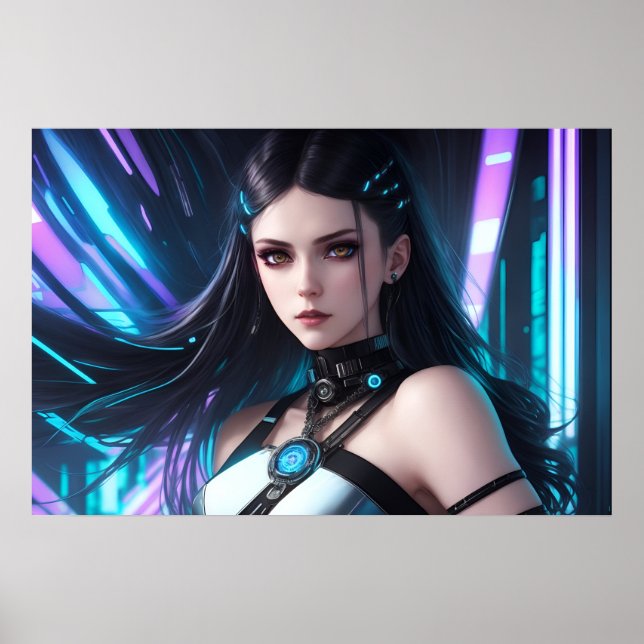 Beautiful Cyberpunk Woman Portrait Poster (Front)