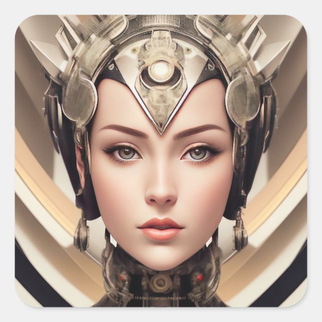 Beautiful Cyborg Portrait Square Sticker (Front)