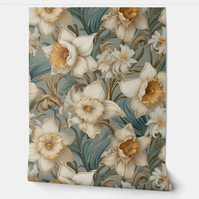 Beautiful Daffodils Baroque Floral Pattern Wallpaper (Unrolling)