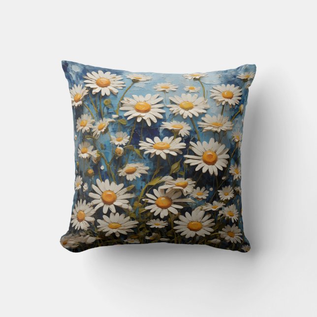 Beautiful daisies on a blue background throw pillow (Front)
