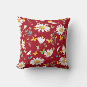 beautiful daisies Over Deep Red Background Throw Pillow