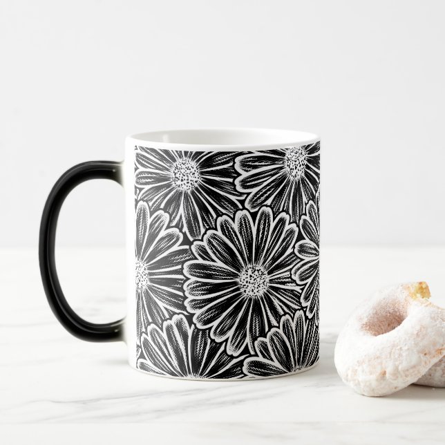 Beautiful Daisy Flower, Halftone Illustration Color Morph Mug (With Donut)