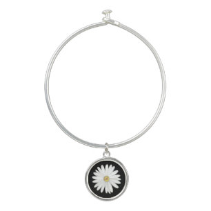 Beautiful Daisy Flower on Black Bangle Bracelet