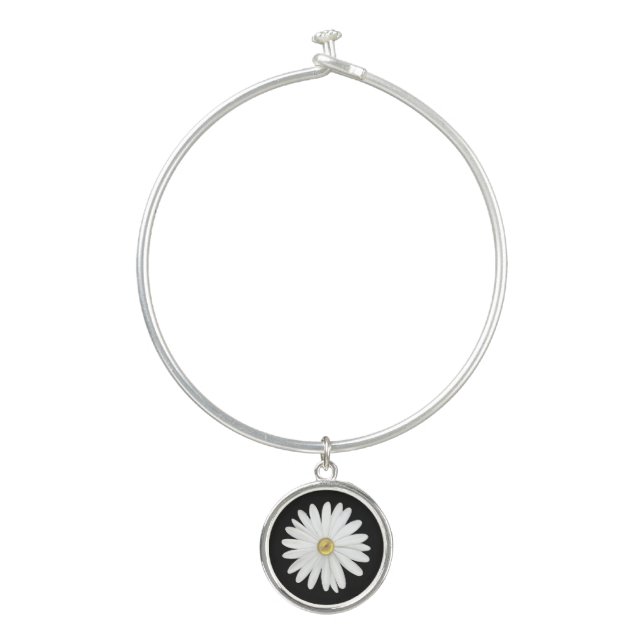 Beautiful Daisy Flower on Black Bangle Bracelet (Front)