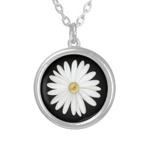 Beautiful Daisy Flower on Black Silver Plated Necklace