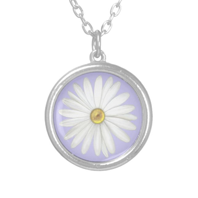 Beautiful Daisy Flower on Light Periwinkle Silver Plated Necklace (Front)