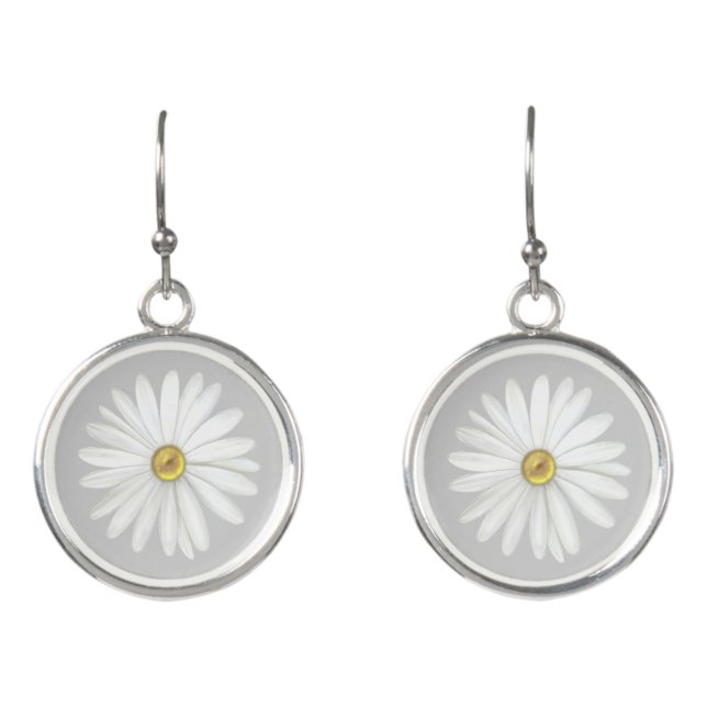 Beautiful Daisy Flower on Light Silver Gray Earrings (Front)