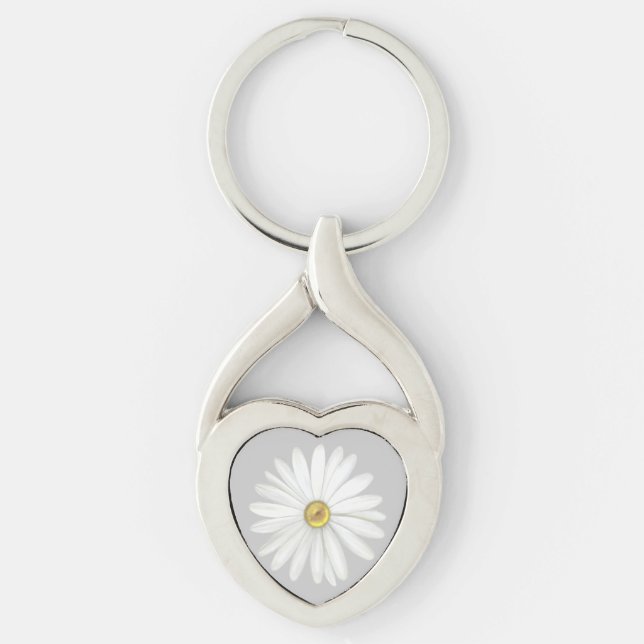 Beautiful Daisy Flower on Light Silver Gray Keychain (Front)